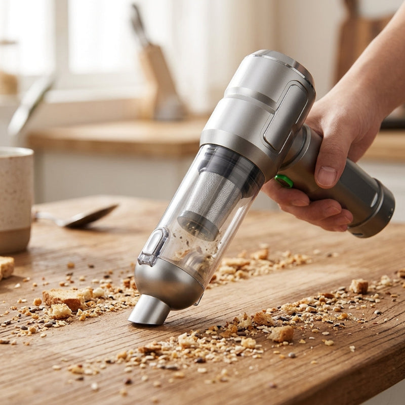 Aspirateur a main ramassant miettes sur table