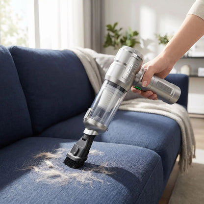 Aspirateur à main ramassant poils sur canapé