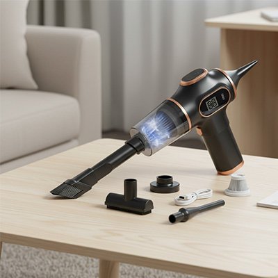 Mini aspirateur et accessoires sur table